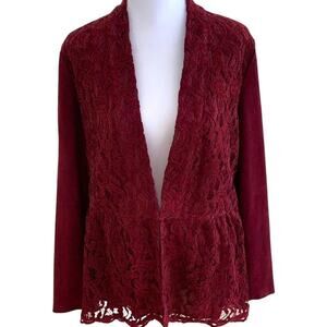 Chico's Jacket Women's Size M Red Faux Suede and Lace Peplum Long Sleeve
